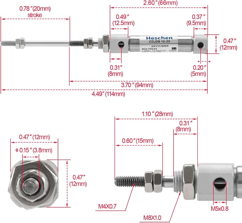 Heschen Stainless Steel Slim Air Pneumatic Cylinder, CDJ2B 10-20, M5 Port, 10mm Bore, 20mm Stroke, Double Acting Single Rod - Image 2